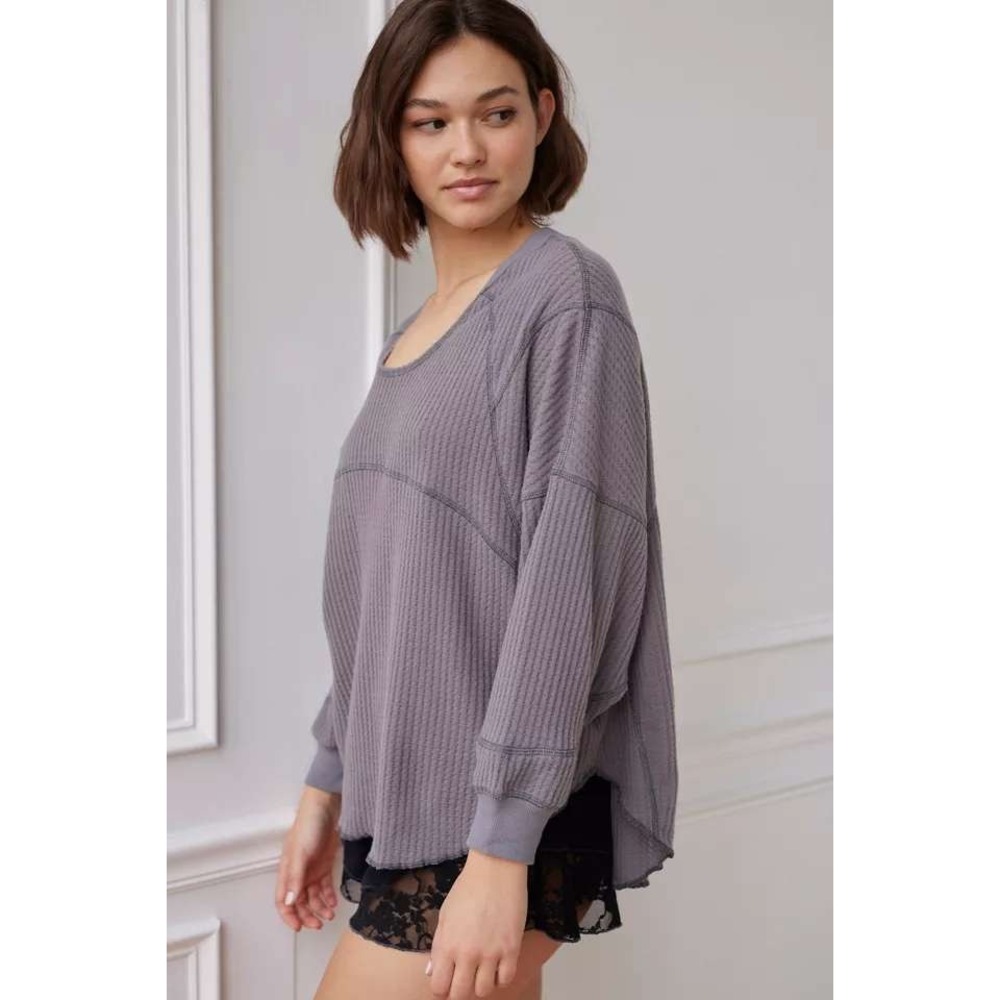 Out From Under Cleo‎ Cozy Thermal Oversized Top Waffle Knit Scoop Neck Gray XS